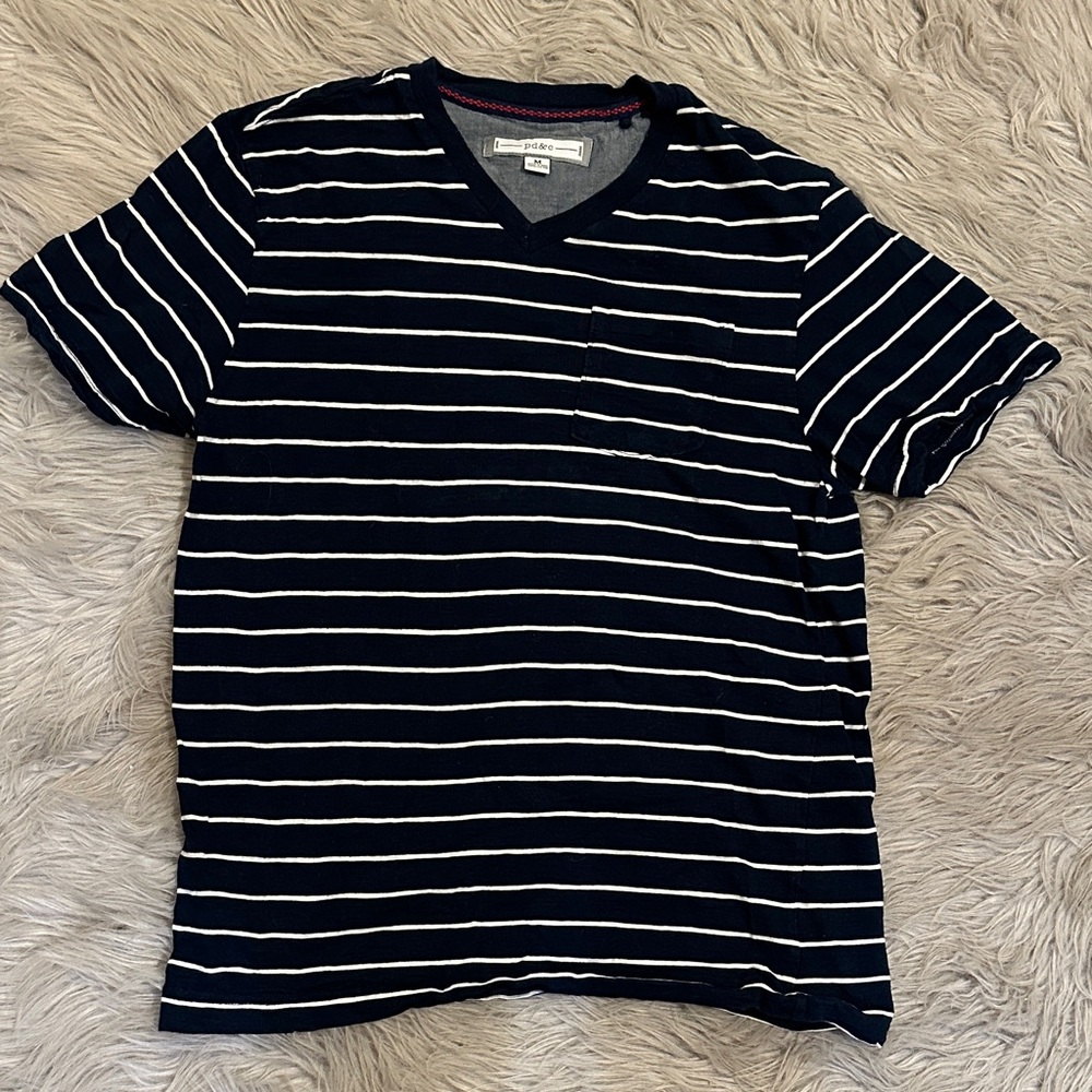 PD&C Navy and White Striped V-Neck Tee